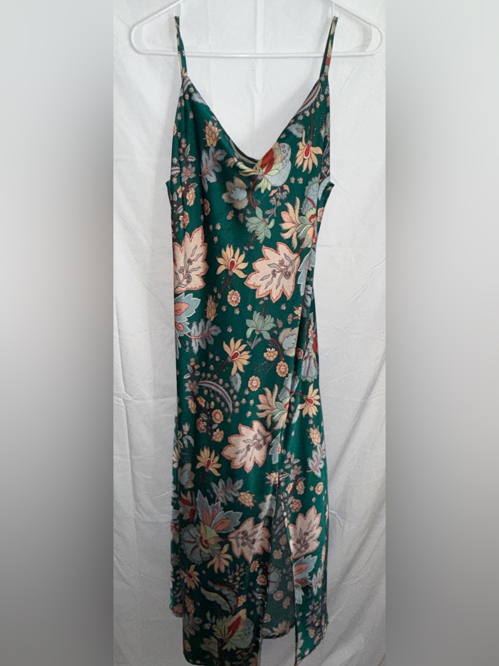 Paper Heart-Green Floral Satin Dress - Elegant Summer Midi- Size S